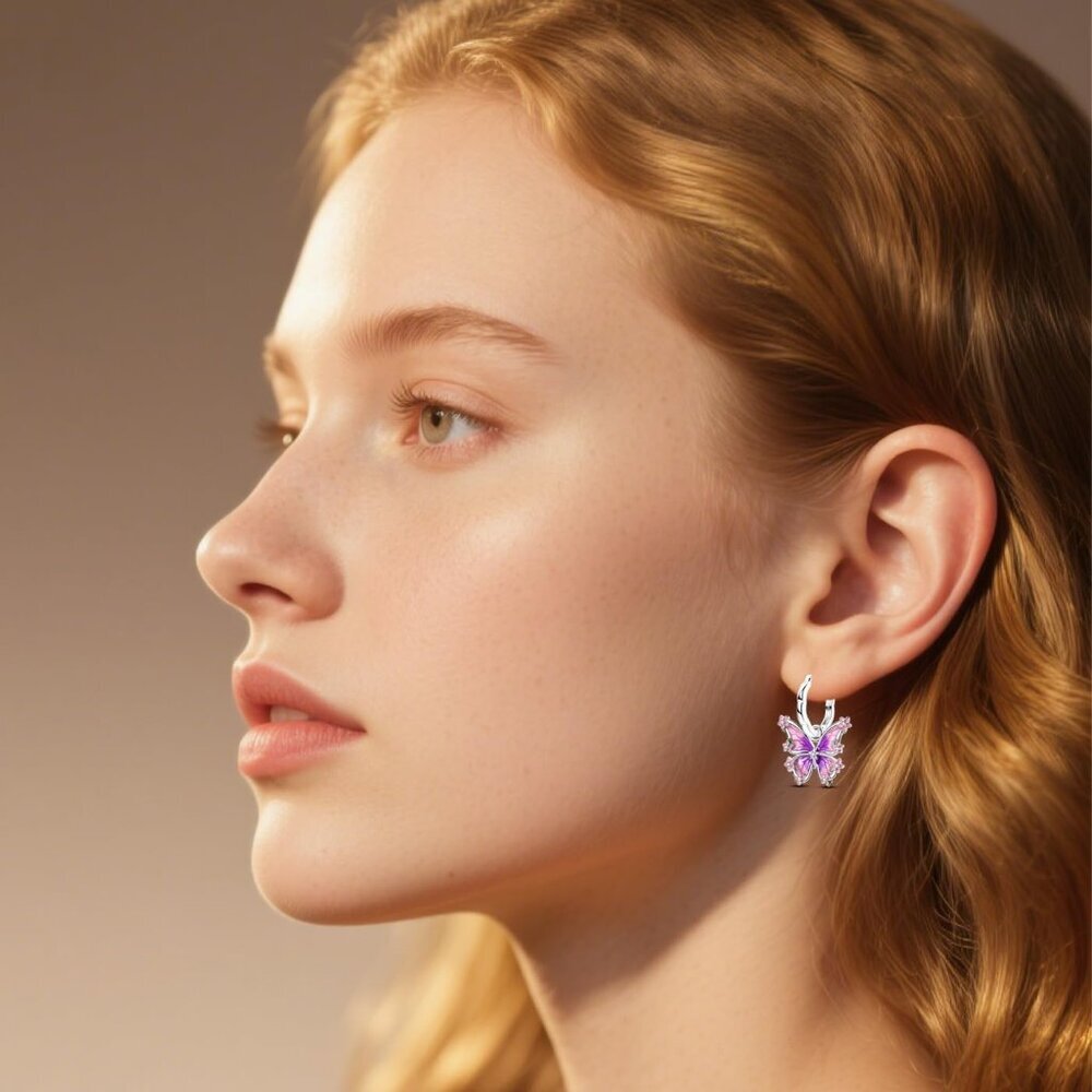 Lightweight Sterling Silver Butterfly Hoop Earrings with Cubic Zirconia Accents - Picture 2 of 7